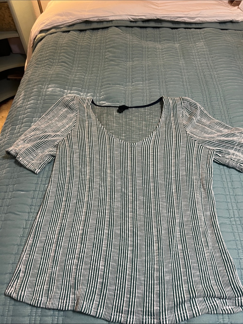 Striped V-Neck Short Sleeve Top - Green & White